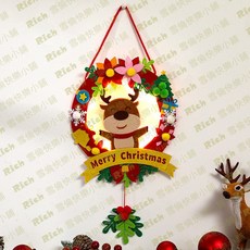 DIY手工聖誕節發光花環 不織布 可愛聖誕造型花環 輕巧便攜 益智早教 親子活動道具 聖誕裝飾吊飾, 1個, 聖誕麋鹿(含燈飾)