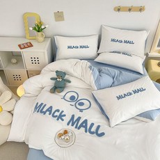 水洗棉床單四件套 被套單人/雙人 卡通風格 初秋裸睡寢具, 超柔/煤球-白天藍,1.5m四件套/被套150*200