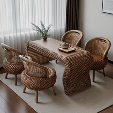 라탄 테이블 세트 4인 야외 테라스 카페 펜션 정원 식탁 마당 옥상 접이식 가든, 완전 조립 완료, 소형 테이블+라탄 의자 2개+스툴 2개