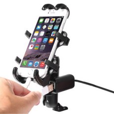 五匹 鋁合金 機車手機支架 充電款 後照鏡支架, 機車用鋁合金手機支架 鏡座充電款  黑