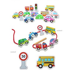 원목 자동차 실 연결 놀이 실끼우기 놀이 학습 교구 세트