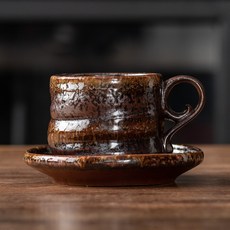 復古風陶瓷咖啡杯水杯馬克杯做舊戶外下午茶杯子粗陶陶瓷杯碟套裝 大肚杯碟套裝(墨褐色), 1個, 大肚杯碟套裝(墨褐色)250ml:300