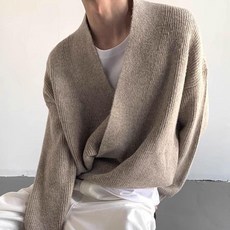 V領開衫毛衣 男士秋季 慵懶風 設計感斜鈕釦外套