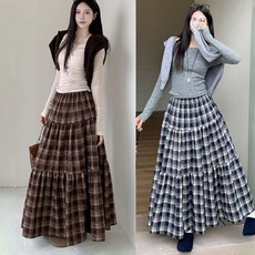 TKX 여성용 체크 무늬 봄 가을 롱 스커트 플리츠 고급 디자인 체형커버 빅사이즈