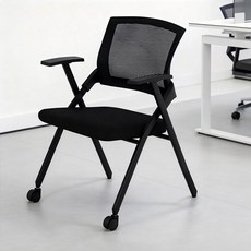 Takata 접이식 메쉬 의자 사무실 회의실 트레이닝 체어 이동식 바퀴 통기성 우수 공간절약 다용도 간이 의자 CC1, 검은색