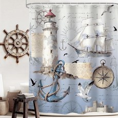 Omifly 옴브레 블루 해상 요트 샤워 커튼 너비 152.4cm x 높이 182.9cm 바다 해안 해양 노트 등대 나침반 앵커 갈매기 레트로 선박 12개의 플라스틱 후크 패브, C-01앵커