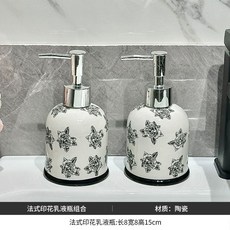 로즈 플라워 세라믹 핸드워시 용기 디스펜서 욕실 샴푸 바디워시, 1개, B. 한 쌍의 프린트 로션 병 밀키 화이트