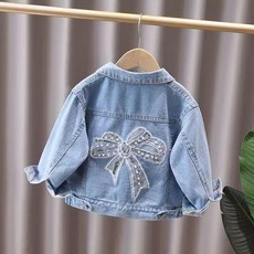 여아 데님 자켓 귀여운 캐릭터 봄 가을 트렌디 아우터 키즈 청자켓 아동 점퍼 데님점퍼 어린이 봄점퍼, 140, K.  비즈 리본 큰