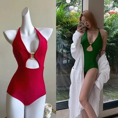 히또리 S2509 빈티지 원형 고리 홀터넥 핫걸 원피스 수영복