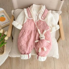 겨울옷 귀여운 곰돌이 아우터 외출용 따뜻한 겨울용, 66 4개월7kg, 1개, 핑크 가짜 멜빵 이중층 인형포함