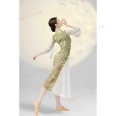 新款中國旗袍舞蹈服 古典舞紗衣 仙氣成人舞蹈表演服 身韻緊身練功服, 1個, 黃花綠旗袍【有內襯】 不含,L