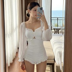 말랑비키 프릴 시스루 벌룬소매 긴팔 모노키니 수영복, 화이트
