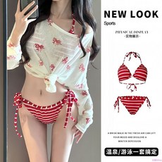 比基尼泳衣 顯瘦泳衣 兩件式泳衣 性感泳衣 紅色條紋顯白性感比基尼長袖蝴蝶防嗮罩衫度假分體泳衣女海邊度假泳裝, 黑色泳帽,l碼[建議47.5-53.0kg]