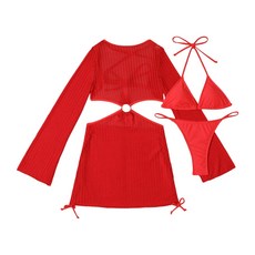 여성용 3피스 수영복 속이 빈 덮개 여성용 푸시업 수영복 비치웨어와 호환되는 솔리드 컬러 수영복, 빨간., 1세트, S