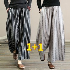 RCLET 1+1 여성 면마 와이드 팬츠 캐주얼 밴딩 스트라이프 팬츠 빅사이즈 여름 바지