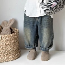 秋冬男女童裝牛仔褲 兒童個性潮牌 加絨加厚復古時髦闊腿褲