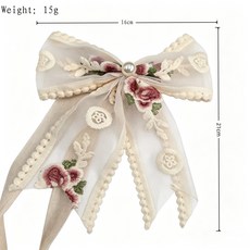 蕾絲蝴蝶結窗簾束帶, 玫瑰刺繡米白色, 1件