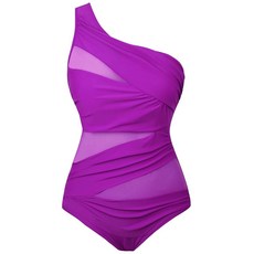 런틀리 여성 원피스 수영복 원숄더 플러스 사이즈 수영복 시스루 메시 스타일 포함, Purple, Large