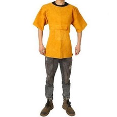 焊工防護罩衣 牛皮防燙電焊工作服 耐高溫防輻射皮圍裙 隔熱防護服, T黃色拼皮無領半袖85厘米,XXL, 1個