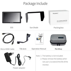 FEELWORLD S55 6인치 4K 휴대용 카메라 DSLR 필드 모니터 HDMI 입력 출력 소형 풀 HD 1920x1080 IPS 틸트, 01 S55-Adapter-Bag, 01 China Mainland