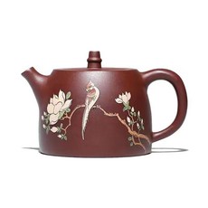 宜興紫砂壺 純手工泡茶壺 大容量 漢鐸, 1個, 紫泥花鳥漢鐸500毫升,茶壺+禮盒+證書+壺繩+2杯