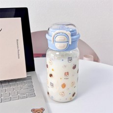 可愛動物圖案兒童塑膠水壺 彈蓋吸管雙飲設計 500ml手提便攜, 1個, 雙飲杯蓝色動物500ML