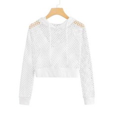 여성용 오버사이즈 캐주얼 후드 단색 컷아웃 메쉬 삽입 크롭 하라주쿠 스웻셔츠 긴팔 크롭탑 후드