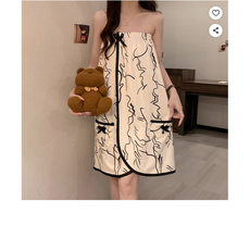 여성용 여름 얇은 수면 원피스 부드러운 샤워 목욕 가운, 1개, 크림 리본