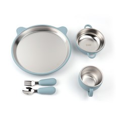 DIU 兒童不鏽鋼硅膠保溫碗寶寶吃飯碗餵養餐具雙層防摔輔食碗ins風, 1個, 灰藍色:如圖