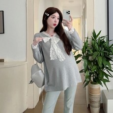 임산부 봄 가을 긴팔 니트티 임부 레이스 리본 패치 니트 티셔츠 루즈핏 브이넥 긴팔 상의 YLP