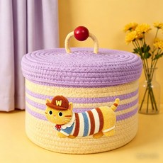 면 끈 덮개 수납 광주리 귀여운 고양이 자수 수납바구니 가정용 잡동사니 수납통 먼지 방지 대용량 장난감 수납바구니, 22*15, 보라색