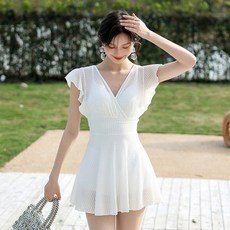 플랜와이 와플 체형커버 빅사이즈 모노키니 수영복 원피스 PFS19, 화이트