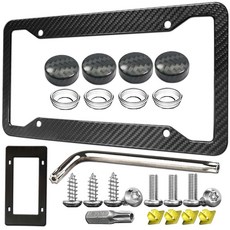 ZXFOOG 탄소 섬유 번호판 프레임 - 실제 천 랩 스테인리스 스틸 홀더 와이드 엣지 블랙 자동차 태그 커버 도난 방지 나사 캡 1팩 4홀, Wide Edge 4 hole