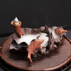 紫砂荷葉年年有餘倒流香爐擺件, 紫砂荷葉雙錦鯉