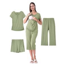 Shangood 3피스 임산부 수유 파자마 세트 여성용 모유 수유 셔츠 파자마 산후 반바지 & 카프리 팬츠 포켓 블랙. XXL