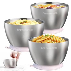 Greentainer 304 스테인리스 스틸 아기 그릇 세트 이중벽 단열 및 깨지지 않는 유아 그릇 탈착식 실리콘 흡착 베이스 BPA 프리 식기 세척기 사용 가능 6개월 이상, 핑크