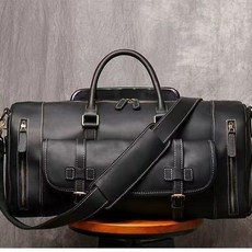 新款旅行出差手提包，男士頭層牛皮健身包，真皮行李袋瘋馬皮男包手工旅行袋, 黑色 51cm