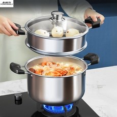 不銹鋼湯鍋 燉湯鍋 湯鍋食品級不銹鋼加厚家用蒸燉肉煮粥煮麵燃氣電磁爐雙耳蒸煮鍋, 1個, 22cm加厚湯鍋,24新款木柄湯鍋