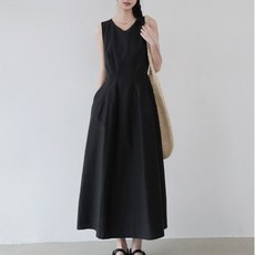 미니멀리스트 스타일 여성용 여름 원피스 라운드넥 미디 스커트 허리 라인 강조 슬림핏 A 무지 민소매 원피스