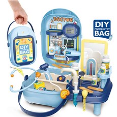 扮家家H1M 化妝梳妝手提盒玩具套裝 維修 醫生 超市 兒童 模擬 家家酒 化妝箱 手提盒 過家家 玩具, 1個, 模擬醫生（淺藍手提盒）34PCS