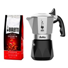 BIALETTI Brikka 摩卡壺，輕鬆享受濃郁義式咖啡，家用咖啡神器, 鑽石加壓銀色4杯份+500g咖啡豆