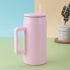 不鏽鋼真空保溫杯 大容量50OZ 便攜手柄設計 車用水杯 家用保冷保溫 環保吸管杯+粉紅色+50oz, 1個, 1L, 粉紅色:50oz