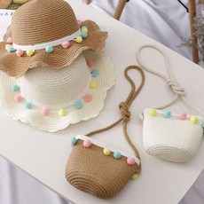 시민경제생활연구원(주) 폼폼이 아동용 왕골 모자가방 세트 밀짚모자 왕골가방 여아