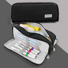 마카롱 더블 윈도우 캠퍼스 패브릭 대용량 필통 수납파우치, 블랙, 1개