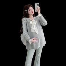임산부 긴팔 티셔츠 봄 가을 캐주얼 임부복 레이스 리본 장식 긴팔티 임부 편안한 루즈핏 이너 상의 JS