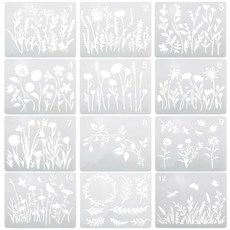 해외 DGZZI 재사용 가능한 꽃 조합 스텐실 12개 DIY 작은 그림 11.9 x 15.2cm4.7 6인치 식물 에어브러시 할로우 아웃 나무 벽 캔버스 홈 데코용 미국매장정품