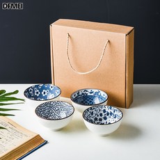 DFMEI 日式禮品瓷青花瓷碗筷套裝筷子禮盒裝陶瓷餐具碗手繪, 1個, 翻蓋印彩青花四碗(無彩條)24套/箱, 參考詳情