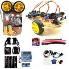 Arduino三輪超音波避障自走車 機器人套件 附程式下載 台灣杜邦線UNO開發板及擴展板 電機 伺服馬達雲台, 1個, 全套-3輪 超音波避障車（無 UNO板）
