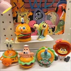 스폰지밥 네모바지 피규어 블라인드 박스 6가지 스타일 징징이 미스터 크랩 패트릭 스타 트렌디한 데스크탑 장식 장식품 선물, 해면 게살빵 세트 [총 6개입]