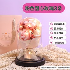 教師節永生乾花發光玫瑰花玻璃罩成品送女友花束生日禮物實用擺件, 粉色甜心玫瑰3朵 精美禮袋 玻璃罩 浪漫燈串 代寫賀卡 升級自發光黑色EVA7號電池底座
